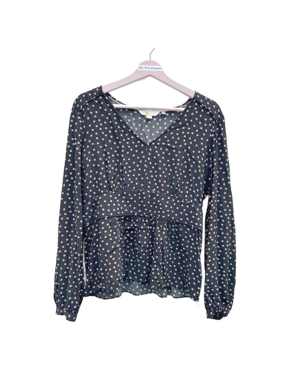 Boden Elsie Black & Beige V-Neck Peplum Long Sleeve Blouse | Size 10 **Flawed**